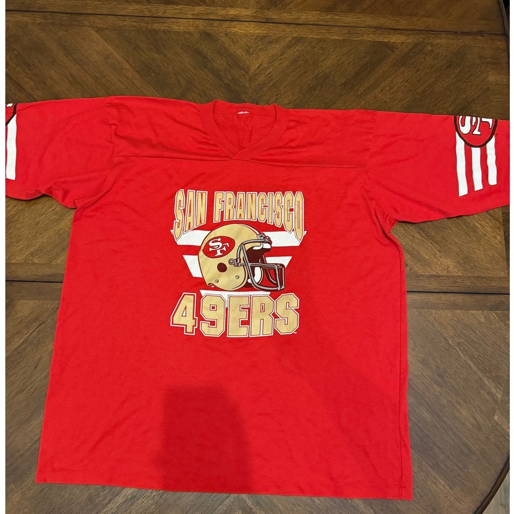 Vintage San Francisco 49ers V-Neck Graphic T-Shirt Red XL NFL Football Jersey